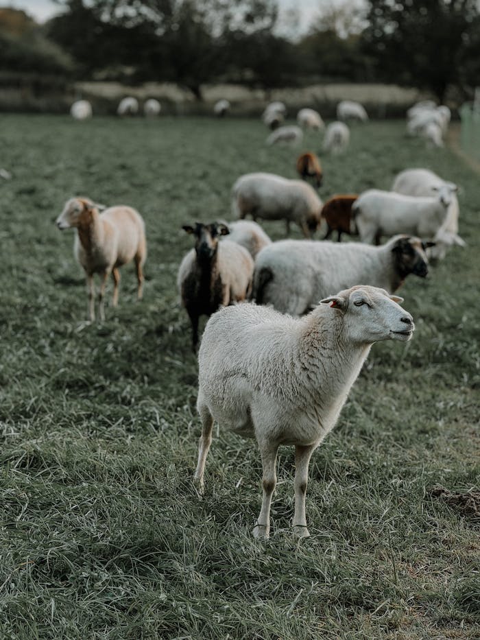 A tranquil scene of sheep grazing in a lush, green pasture in Braunschweig, Germany.